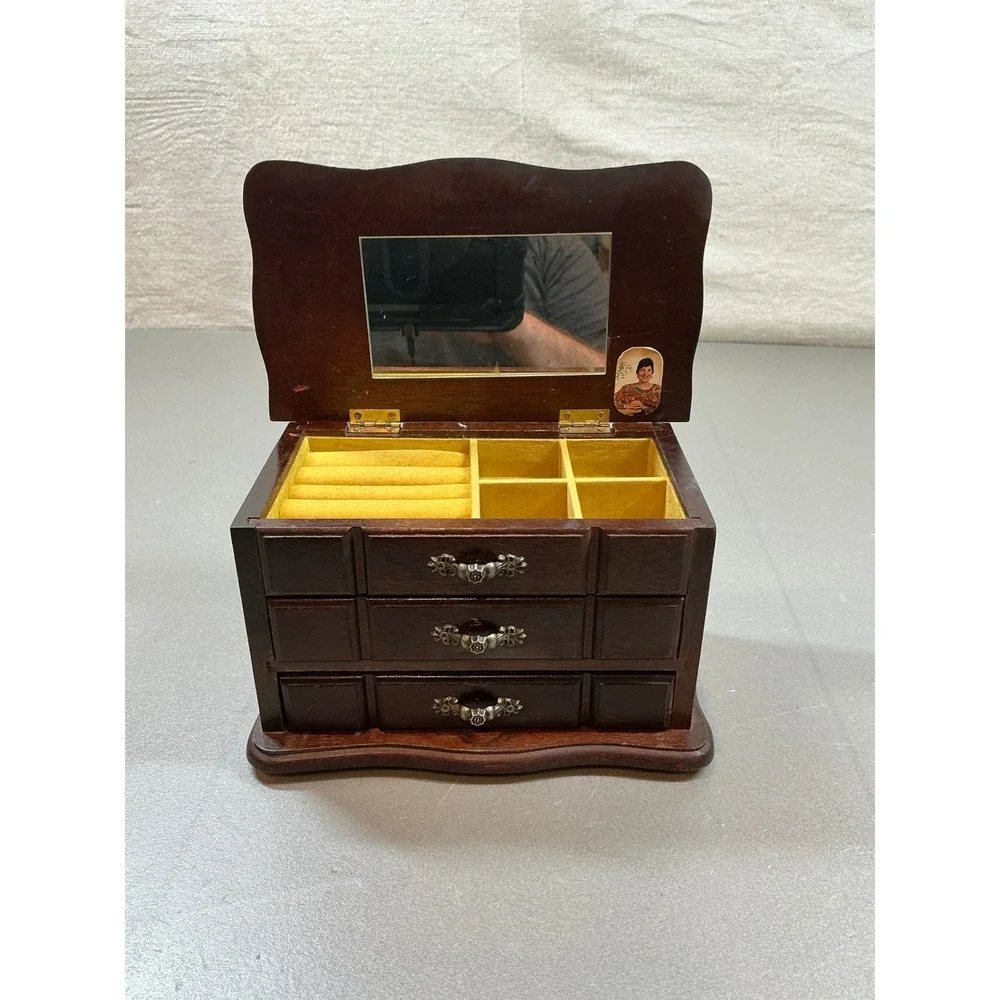 Vintage Illinois Musical Jewelry Box Solid Wood 3 Drawer Mirror Yellow Lining